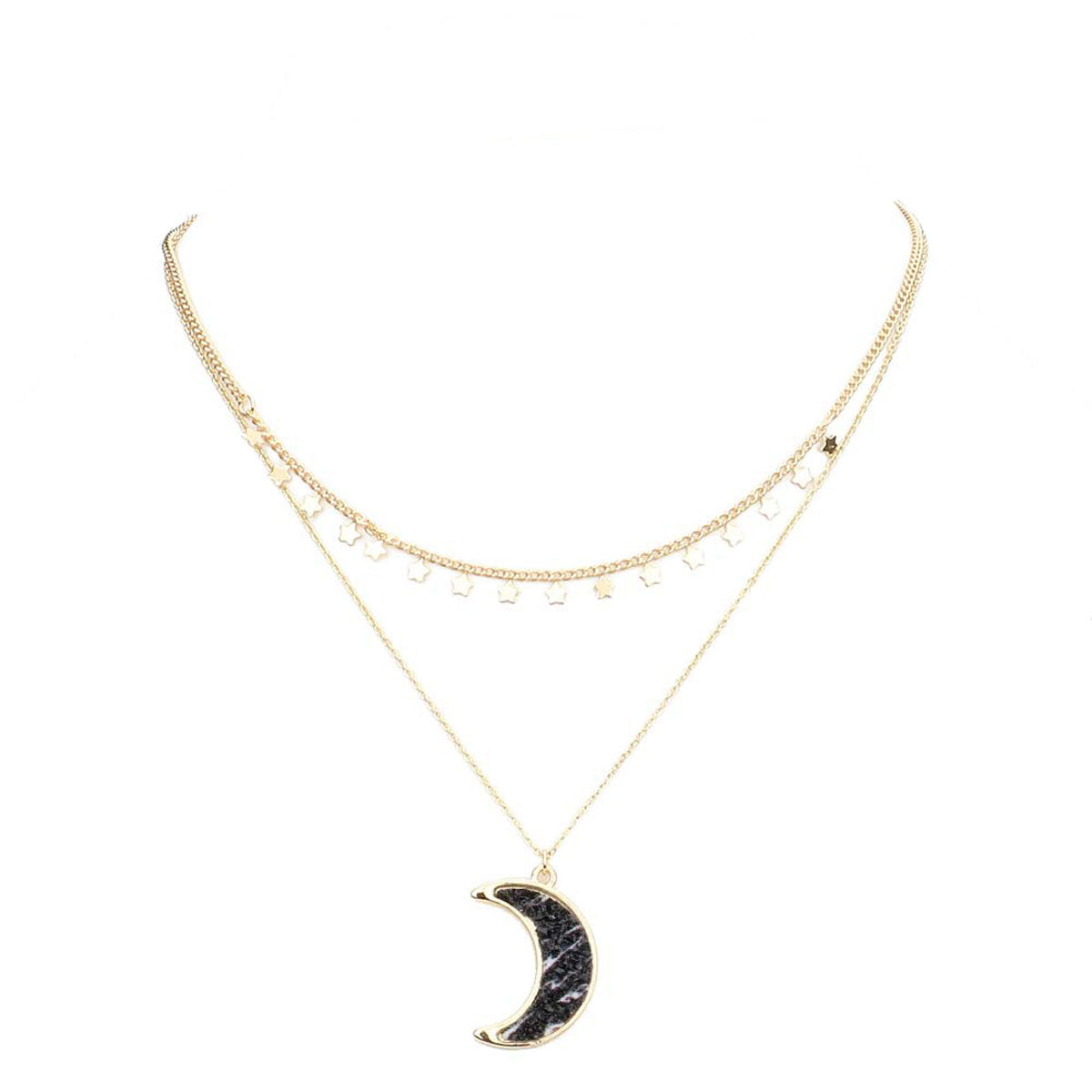 Black Metal Star Station Druzy Crescent Moon Pendant Double Layered Necklace. Beautifully crafted design adds a gorgeous glow to any outfit. Jewelry that fits your lifestyle! Perfect Birthday Gift, Anniversary Gift, Mother's Day Gift, Anniversary Gift, Graduation Gift, Prom Jewelry, Just Because Gift, Thank you Gift.