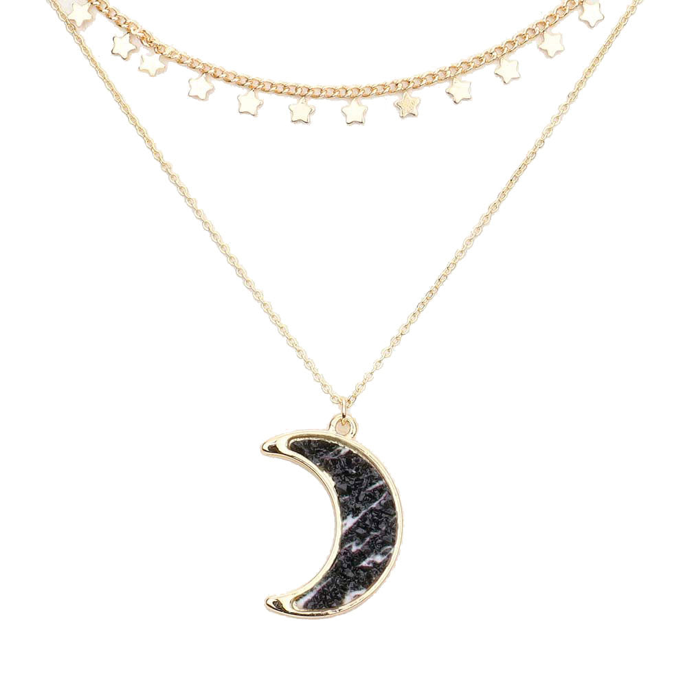 Black Metal Star Station Druzy Crescent Moon Pendant Double Layered Necklace. Beautifully crafted design adds a gorgeous glow to any outfit. Jewelry that fits your lifestyle! Perfect Birthday Gift, Anniversary Gift, Mother's Day Gift, Anniversary Gift, Graduation Gift, Prom Jewelry, Just Because Gift, Thank you Gift.