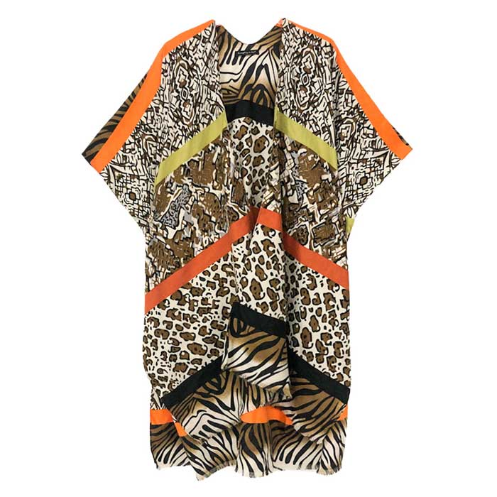 Black Multi Animal Printed Cover Up Kimono Poncho, The lightweight Kimono poncho top is made of soft and breathable Acrylic material. short sleeve swimsuit cover up with open front design, simple basic style, easy to put on and down. Perfect Gift for Wife, Mom, Birthday, Holiday, Anniversary, Fun Night Out.