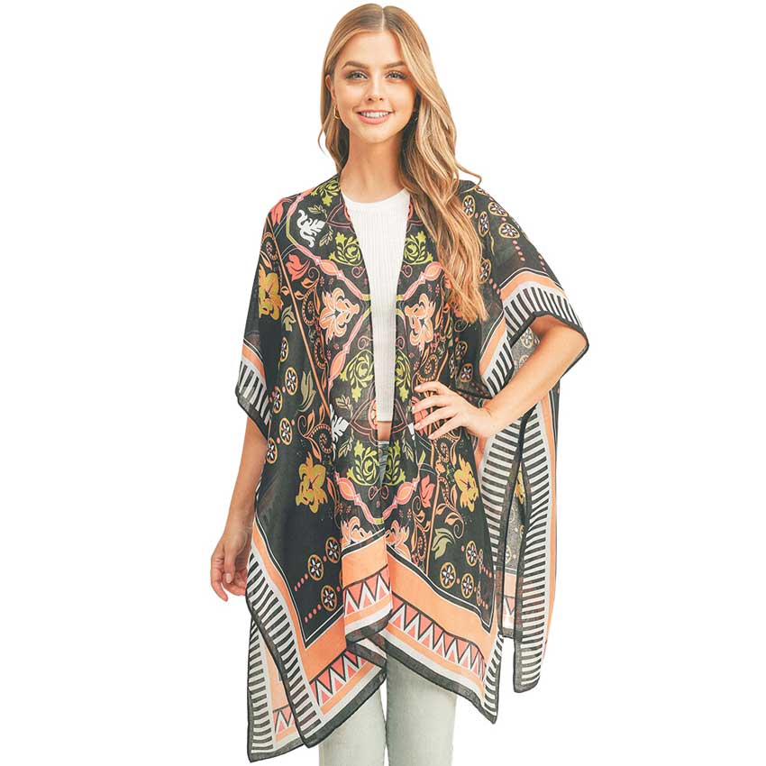 Black Patterned Cover Up Kimono Poncho, this timeless patterned cover up kimono Poncho is soft, lightweight, and breathable fabric, close to the skin, and comfortable to wear. Sophisticated, flattering, and cozy. look perfectly breezy and laid-back as you head to the beach. A fashionable eye-catcher will quickly become one of your favorite accessories.