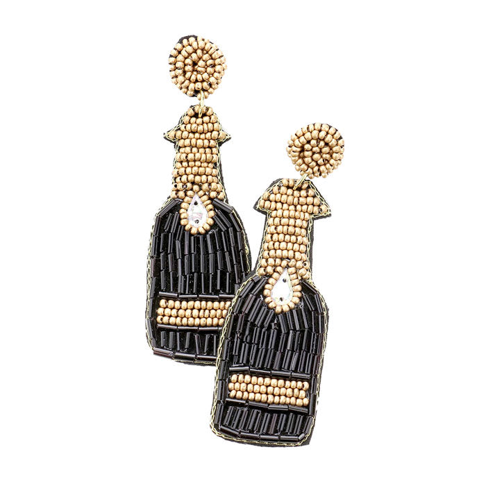 Black Festive Handcrafted Champagne Bottle Earrings, jewelry that fits your lifestyle adding a pop of pretty color. Enhance your attire with this beautiful Boho Earrings, Seed bead Champagne Earrings. Perfect Birthday Gift, Mother's Day Gift, Anniversary Gift, Thank you Gift, Prom, Graduation Gift, Seed Bead Bottle Earrings