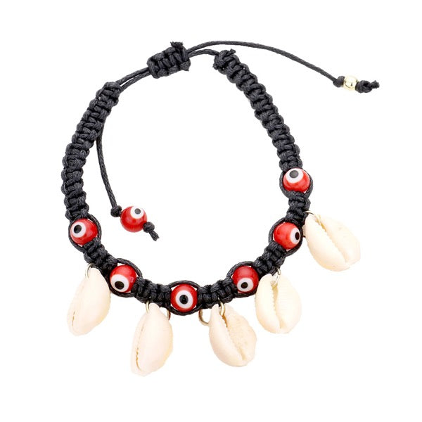 Black Puka Shell Evil Eye Cord Braid Adjustable Bracelet; Evil Eye believed to ward off bad energy & bring good luck, bring good fortune and happiness while keeping you fashionable, beautiful Puka Shell bracelet to match your style. Perfect Birthday Gift, Anniversary Gift, Mother's Day Gift, Graduation, Bridesmaid Keepsake