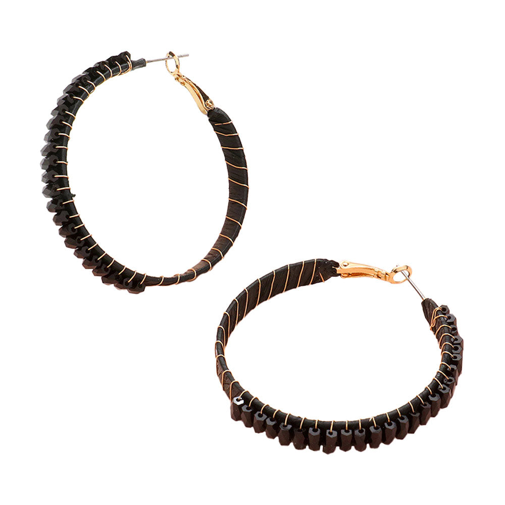 Black Rectangle Bead Trimmed Raffia Wrapped Hoop Earrings, enhance your attire with these beautiful raffia-wrapped hoop earrings to show off your fun trendsetting style. It can be worn with any daily wear such as shirts, dresses, T-shirts, etc. These hoop earrings will garner compliments all day long. Whether day or night, on vacation, or on a date, whether you're wearing a dress or a coat, these earrings will make you look more glamorous and beautiful.
