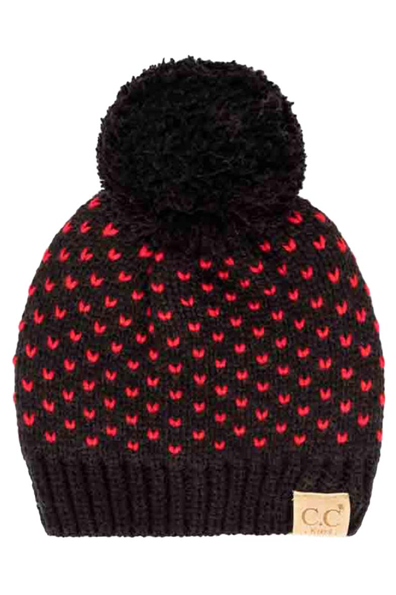 Black Red C C Kids Heart Pattern Knit Beanie with Pom, awesome heart pattern design with yarn pom makes it beautiful and keeps your kids standing out with perfect beauty. Wear throughout the winter and cold days to ensure absolute comfortability. Coordinate with any outfit to match the best with perfect warmth and coziness. It Comes in one size winter cap with a pom that fits most head sizes. Enjoy the winter in comfort with this Heart Beanie!