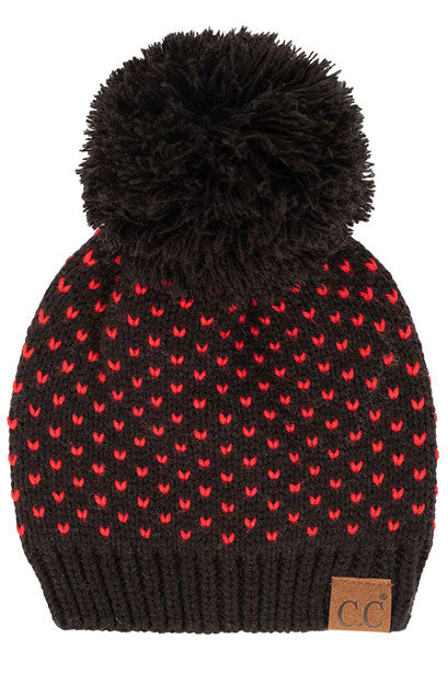 Black Red C.C Heart Pattern Knit Pom Beanie Hat, before running out the door into the cool air, you’ll want to reach for this toasty beanie to keep you incredibly warm. Accessorize the fun way with this faux fur pom pom hat, it's the autumnal touch you need to finish your outfit in style. Awesome winter gift accessory! Perfect Gift Birthday, Christmas, Stocking Stuffer, Secret Santa, Holiday, Anniversary, Valentine's Day, Loved One.