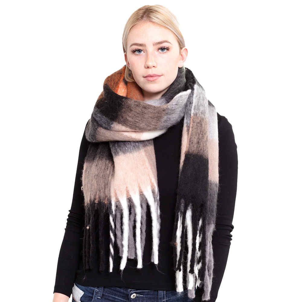 Black Multi Color Block Tassel Oblong Scarf Oblong Shawl Scarf, accent your look with this soft, highly versatile oblong scarf. A chic look to keep you warm in fall & winter, classic long scarf is an easy choice to fight against the cold of winter. Perfect Gift Birthday, Christmas, Anniversary, Valentine's Day