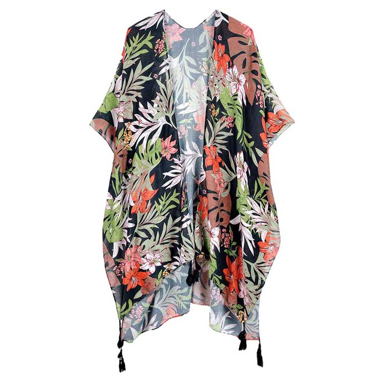 Black Tropical Leaf Flower Printed Cover Up Kimono Poncho. Lightweight and soft brushed fabric exterior fabric that make you feel more warm and comfortable. Great for dating, hanging out, daily wear, vacation, travel, shopping, holiday attire, office, work, outwear, fall, spring or early winter. Perfect Gift for Wife, Mom, Birthday, Holiday, Anniversary, Fun Night Out.