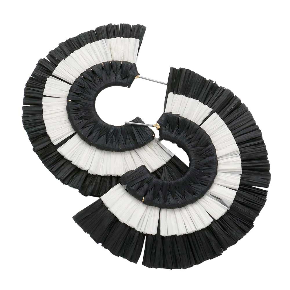 Black Two Tone Raffia Half Round Earrings, enhance your attire with these beautiful raffia half-round earrings to show off your fun trendsetting style. Can be worn with any daily wear such as shirts, dresses, T-shirts, etc. These half-round earrings will garner compliments all day long. Whether day or night, on vacation, or on a date, whether you're wearing a dress or a coat, these earrings will make you look more glamorous and beautiful.