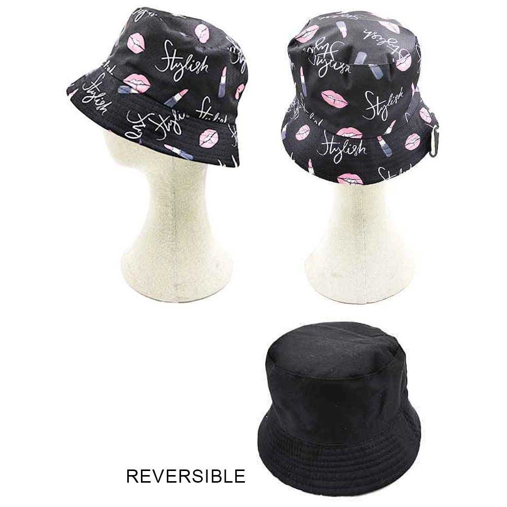 Black Stylish Message Lipstick Patterned Reversible Bucket Hat, Keep your styles on even when you are relaxing at the pool or playing at the beach. Have fun and look Stylish. You can easily fold this bucket hat and put it in any backpack. perfect for keeping the sun off of your face, neck, and shoulders Perfect summer, beach accessory. Ideal for travelers who are on vacation or just spending some time in the great outdoors.