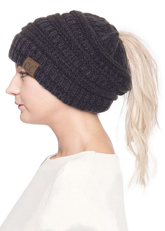 Black & Grey C.C Mixed Color Knitted Ponytail Beanie Stylish Comfy Warm Winter Hat; reach for this classic toasty hat to keep you nice n warm in the chilly winter weather, the wintry touch finish to your outfit. Perfect Gift Birthday, Christmas, Holiday, Anniversary, Stocking Stuffer, Secret Santa, Valentine's Day, Loved One, BFF