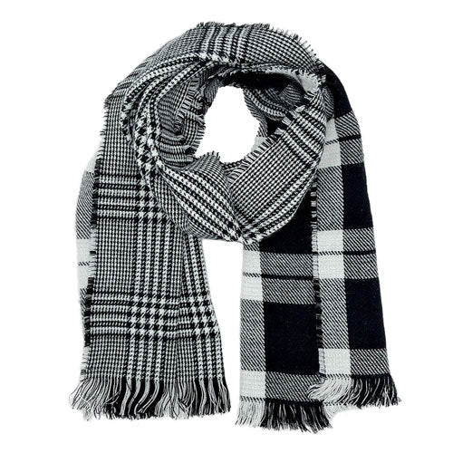 Black Reversible Plaid Check Patterned Frayed Edge Scarf, Accent your look with this soft, highly versatile rectangular scarf, gives a lot of options to dress up your attire, goes well with everything from jeans and a tee to work trousers and a sweater. A great wardrobe staple.