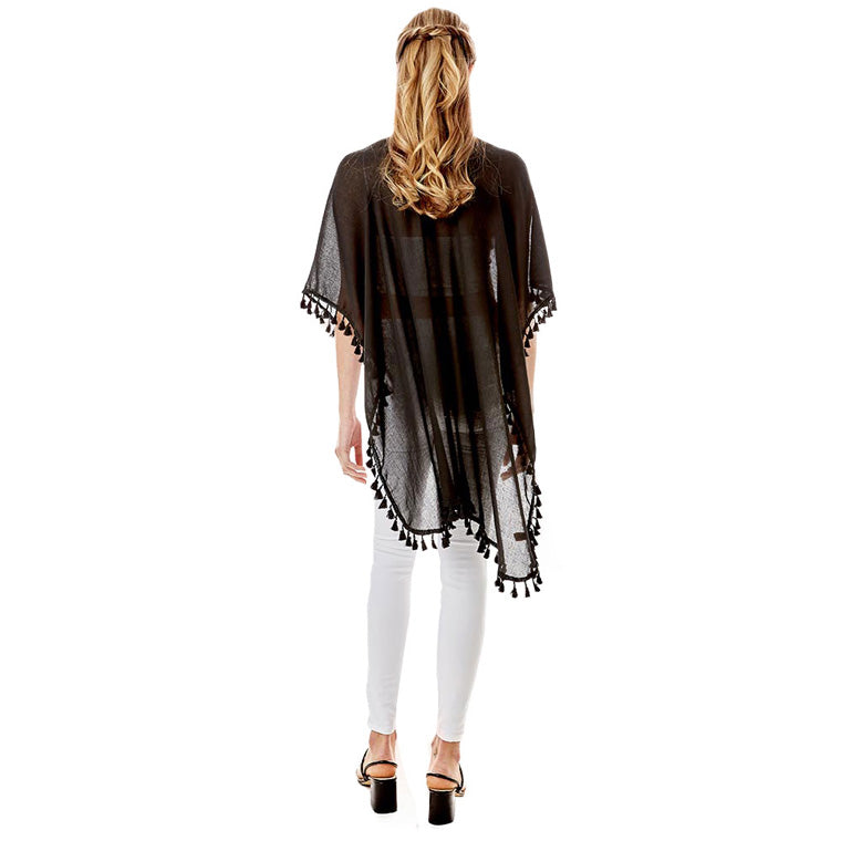 Black Tassel Trimmed Solid Cover Up, Luxurious, trendy, super soft chic capelet, keeps you warm and toasty. You can throw it on over so many pieces elevating any casual outfit! Perfect Gift for Wife, Birthday, Holiday, Christmas, Anniversary, Fun Night Out.