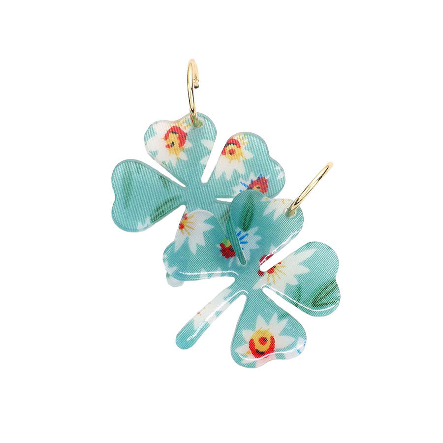 Blue Flower Patterned Resin Clover Dangle Earrings. Look like the ultimate fashionista with these Earrings! Add something special to your outfit! It will be your new favorite accessory. Perfect Birthday Gift, Mother's Day Gift, Anniversary Gift, Graduation Gift, Prom Jewelry, Just Because Gift, Thank you Gift.