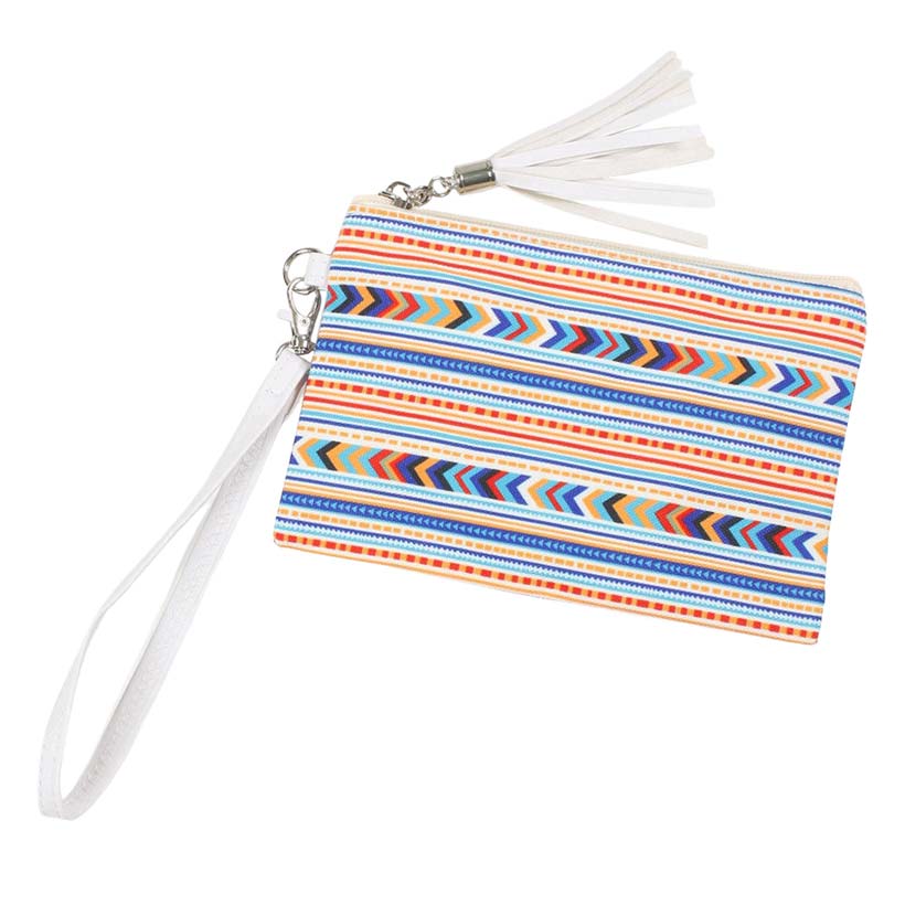 Blue Aztec Patterned Woven Wristlet Pouch Bag, you will look like the ultimate fashionista when carrying this Aztec patterned woven wristlet pouch bag. Perfect for carrying makeup, money, credit cards, keys or coins, etc. It's perfectly lightweight and simple, yet beautiful. It will be your new favorite accessory to hold onto all your necessary items. Easy to carry especially when you need hands-free and lightweight to run errands or a night out on the town.