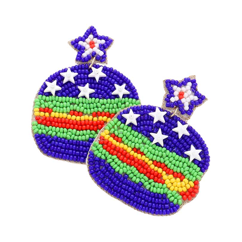Blue Felt Back American USA Flag Beaded Star Hamburger Earrings, American USA flag beaded earrings are fun handcrafted jewelry that fits your lifestyle, adding a pop of pretty color. Show your love for Your country with these sweet patriotic felt-back beaded earrings. Red, white, and blue are used for a trendy fireworks flare. Enhance your attire with these vibrant artisanal earrings to show off your fun trendsetting style.
