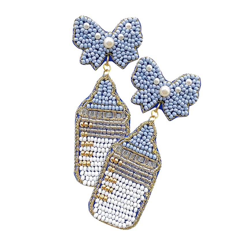 Blue Felt Back Pearl Beaded Bow Baby Bottle Dangle Earrings, felt back pearl bead champagne bottle earrings, these fashionable bow baby bottle earrings are suitable for every girl! pearl-beaded jewelry that fits your lifestyle, bottle earrings add extra special to your outfit! Beautifully crafted earrings that dangle on your earlobes with a perfect glow to make you stand out and show your unique and beautiful look everywhere, every time.