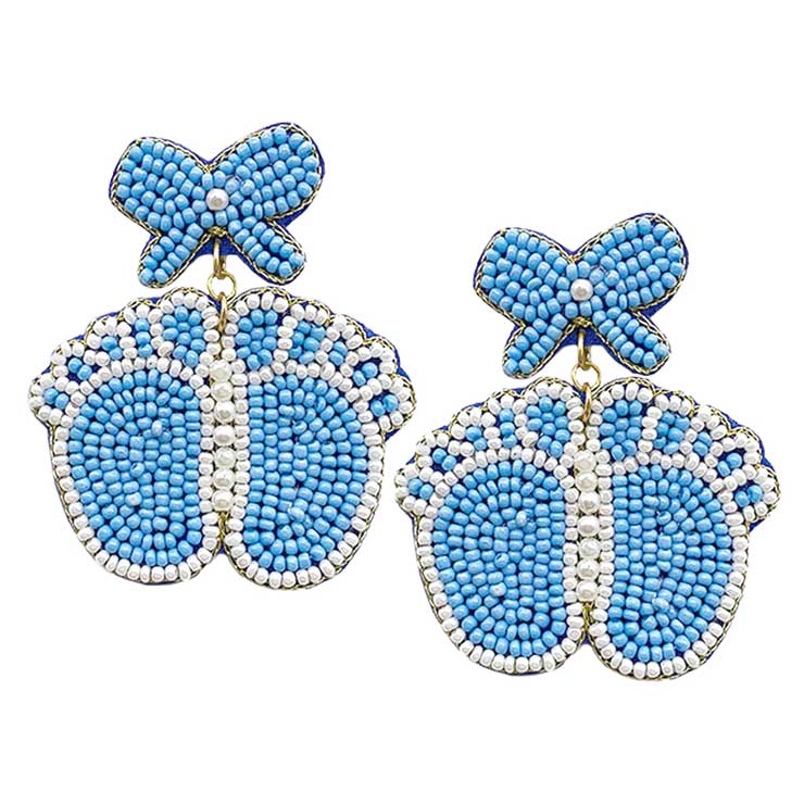 Blue Felt Back Pearl Beaded Bow Baby Foot Dangle Earrings, these fun-crafted baby foot dangle earrings are a sign of fashion trends, styles, and innovations. These beautiful pearl beaded earrings are gorgeous and unique that will dangle on your earlobes to make you stand out from the crowd. These pearl earrings will dangle on your earlobes to show the perfect class and make others smile with joy.