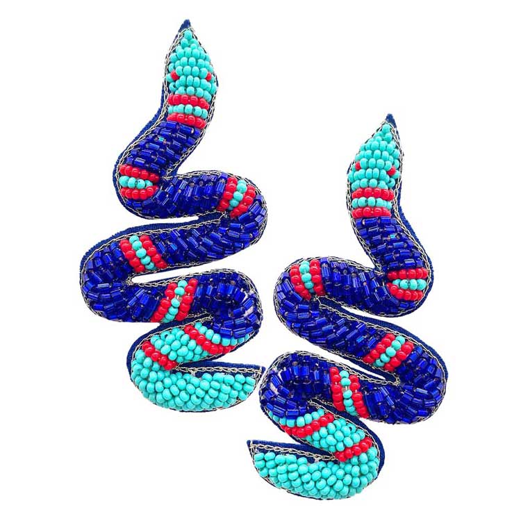 Blue Felt Back Seed Beaded Snake Earrings Seed Bead Snake Earrings handcrafted jewelry adds a pop of pretty color, sequin, beaded embroidered bright artisanal earrings show off your fun trendsetting style. Perfect Birthday Gift, Anniversary Gift, Thank you Gift, Graduation, Prom, Sweet 16, Quinceañera, Date Night