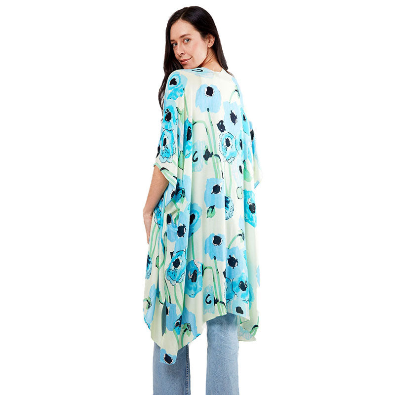 Blue Flower Print Kimono Poncho, Luxurious, trendy, super soft chic capelet, keeps you warm and toasty. You can throw it on over so many pieces elevating any casual outfit! Perfect Gift for Wife, Birthday, Holiday, Christmas, Anniversary, Fun Night Out, Valentine's Day Gift.