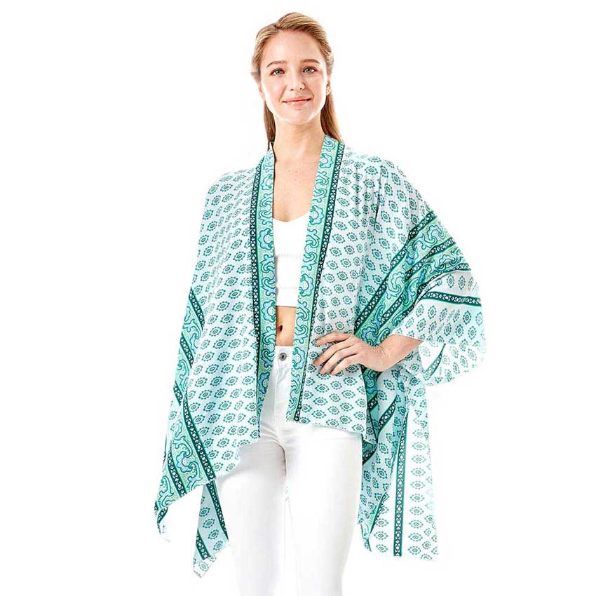 Blue Greek Mati Mataki Printed Cover Up Kimono Poncho, The lightweight Kimono top is made of soft and breathable Polyester material. The fashionista Poncho Cover up with open front design, simple basic style, easy to put on and down. Perfect Gift for Wife, Birthday, Holiday, Anniversary, Just Because Gift, Fun Night Out.