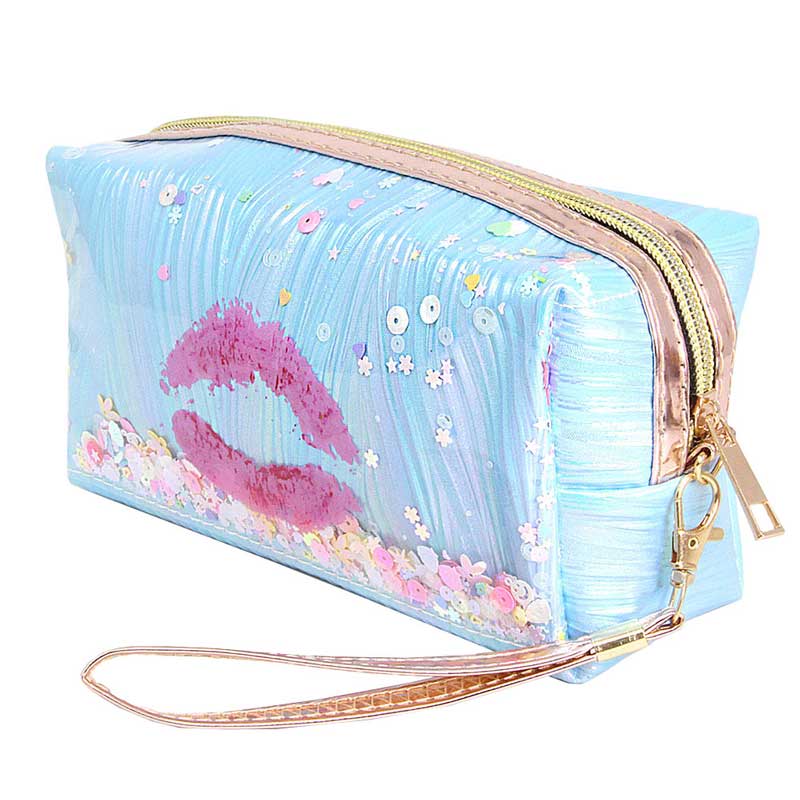 Blue Kiss Lips Shaker Glitter Pouch Bag. Show your trendy side with this awesome pouch bag. Have fun and look stylish. Versatile enough for carrying straight through the week, perfectly lightweight to carry around all day. Perfect Birthday Gift, Anniversary Gift, Mother's Day Gift, Graduation Gift, Valentine's Day Gift.
