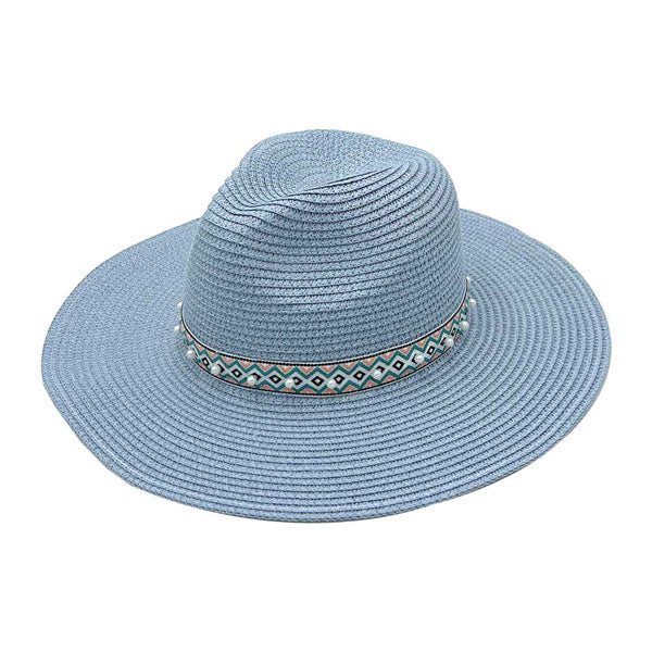 Blue Pearl Embellished Aztec Band Panama Sun Hat. Keep your styles on even when you are relaxing at the pool or playing at the beach. Large, comfortable, and perfect for keeping the sun off of your face, neck, and shoulders Perfect summer, beach accessory. Ideal for travellers who are on vacation or just spending some time in the great outdoors.