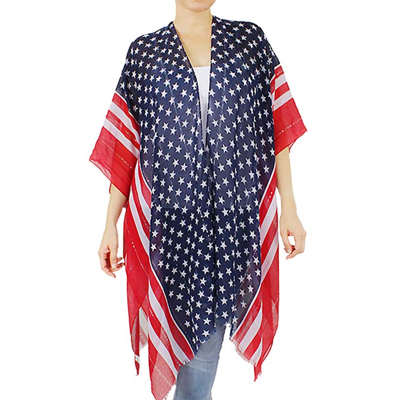 Blue Red American Flag Print Kimono Poncho, Show your love for your country with this sweet patriotic Outfit style American Flag Kimono Poncho. Featuring red, white, and blue colors and a bit of fashionable fireworks flair. Enhance your attire with these vibrant artisanal Kimono Poncho to show off your fun trendsetting style.