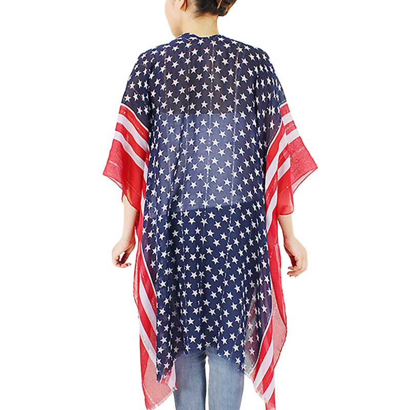Blue Red American Flag Print Kimono Poncho, Show your love for your country with this sweet patriotic Outfit style American Flag Kimono Poncho. Featuring red, white, and blue colors and a bit of fashionable fireworks flair. Enhance your attire with these vibrant artisanal Kimono Poncho to show off your fun trendsetting style.