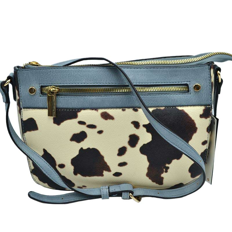 Blue Stylish Cowprint Pattern Crossbody Handbag, This Cowprint handbag can be worn crossbody or on the shoulder comfortably. This comfortable handbag is made of high-quality durable PU leather which is also beautiful at the same time. This handbag features one big compartment for your daily essentials and a little more. Show your trendy choice and smartness with this awesome cow-print bag.