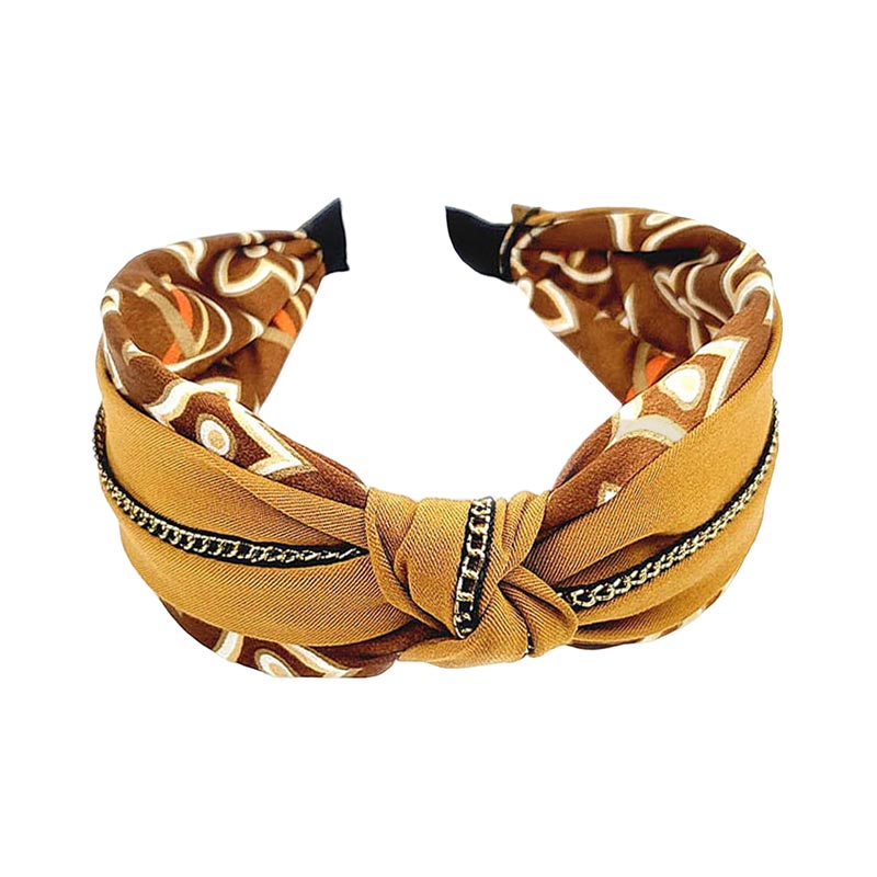 Brown Chain Pointed Geometric Patterned Burnout Knot Headband, Be ready to receive compliments. Push back your hair with this burnout knot printed headband, and spice up any plain outfit! Be the ultimate trendsetter wearing this chic headband with all your stylish outfits! Perfect for everyday wear, special occasions, outdoor festivals, and more.