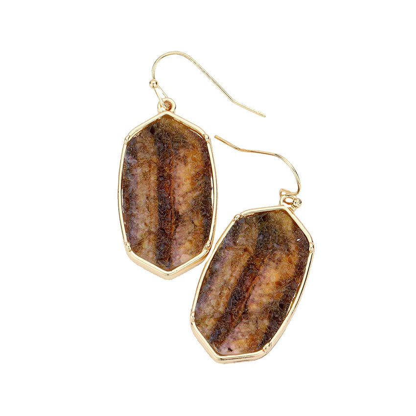 Brown Fish Hook Back Hexagon Druzy Dangle Earrings. Beautifully crafted design adds a gorgeous glow to any outfit. Jewelry that fits your lifestyle! Perfect Birthday Gift, Anniversary Gift, Mother's Day Gift, Anniversary Gift, Graduation Gift, Prom Jewelry, Just Because Gift, Thank you Gift.