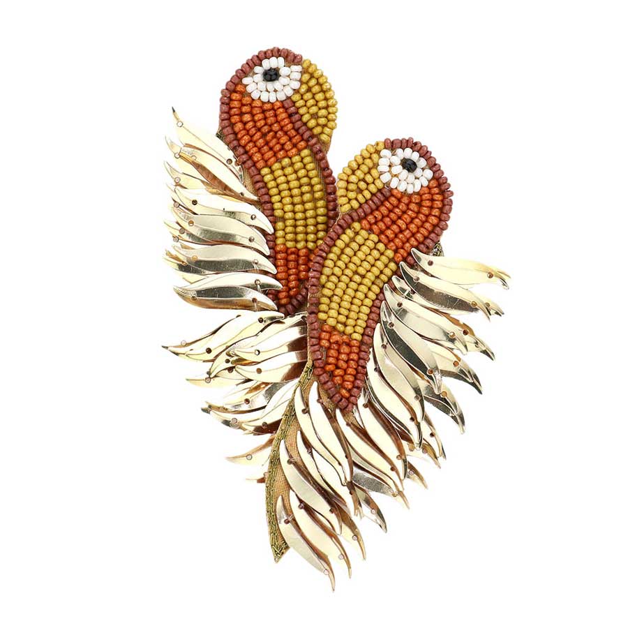 Brown Seed Beaded Parrot Earrings, Beaded Parrot earrings fun handcrafted jewelry that fits your lifestyle, adding a pop of pretty color. Enhance your attire with these vibrant artisanal earrings to show off your fun trendsetting style. Lightweight and comfortable for wearing all day long. Goes with any of your casual outfits and Adds something extra special. Great gift idea for your Loving One.