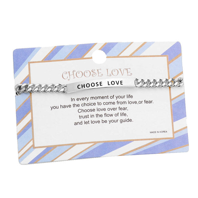 Rhodium Choose Love ID Bracelet, wear it with your favorite tops & dresses all year round! This piece is versatile & goes with practically anything! This inspirational bracelet makes a thoughtful gift, perfect Birthday Gift, Valentine's Day Gift, Anniversary Gift, Mother's Day Gift, Just Because, Thank you, Love you!