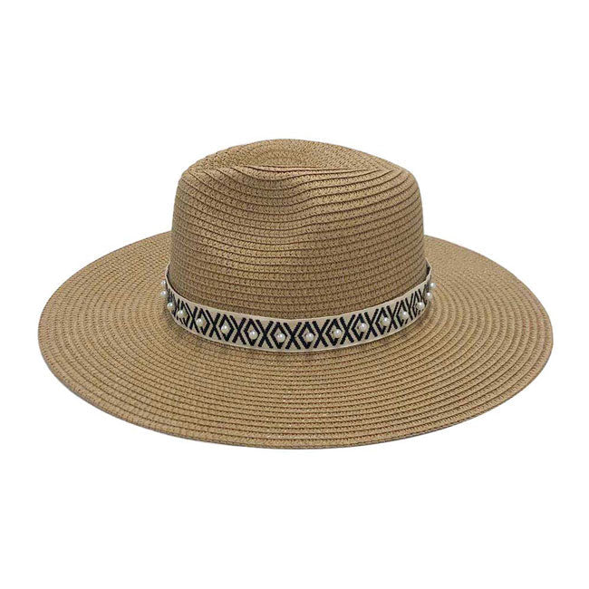 Camel Pearl Embellished Aztec Band Panama Sun Hat. Keep your styles on even when you are relaxing at the pool or playing at the beach. Large, comfortable, and perfect for keeping the sun off of your face, neck, and shoulders Perfect summer, beach accessory. Ideal for travellers who are on vacation or just spending some time in the great outdoors.