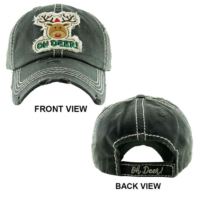 Christmas Cotton OH DEER! Rudolph Vintage Baseball Cap. Fun cool Christmas themed vintage cap. Perfect for walks in sun, great for a bad hair day. The distressed frayed style with faded color gives it an awesome vintage look. Soft textured, embroidered message with fun statement will become your favorite cap.