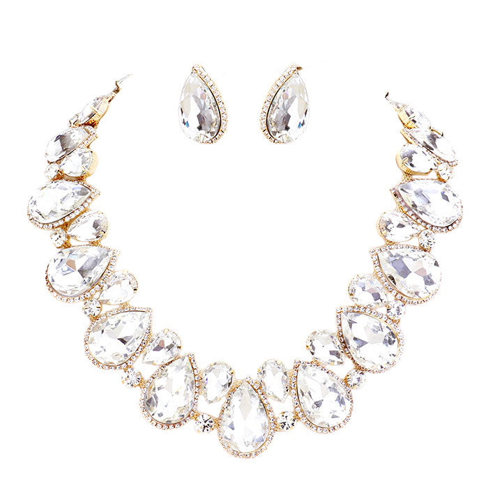Clear Gold Crystal Rhinestone Trim Teardrop Collar Evening Necklace.  Get ready with these Cluster Evening Necklace, put on a pop of color to complete your ensemble. Perfect for adding just the right amount of shimmer & shine and a touch of class to special events. Perfect Birthday Gift, Anniversary Gift, Mother's Day Gift, Graduation Gift.
