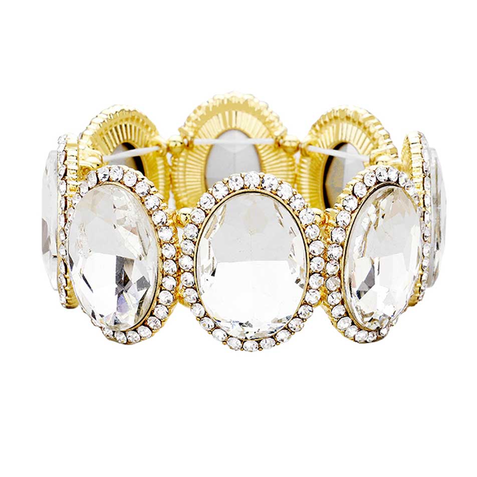 Clear Gold Rhinestone Trim Oval Crystal Stretch Evening Bracelet, brings a gorgeous glow to your outfit to show off royalty on any special occasion. It's a perfect beauty that highlights your appearance and grasps everyone's eye on any special occasion. Is a glowing and sparkling beauty that is perfect to show off your glowing look and enrich your beauty to a greater extent.
