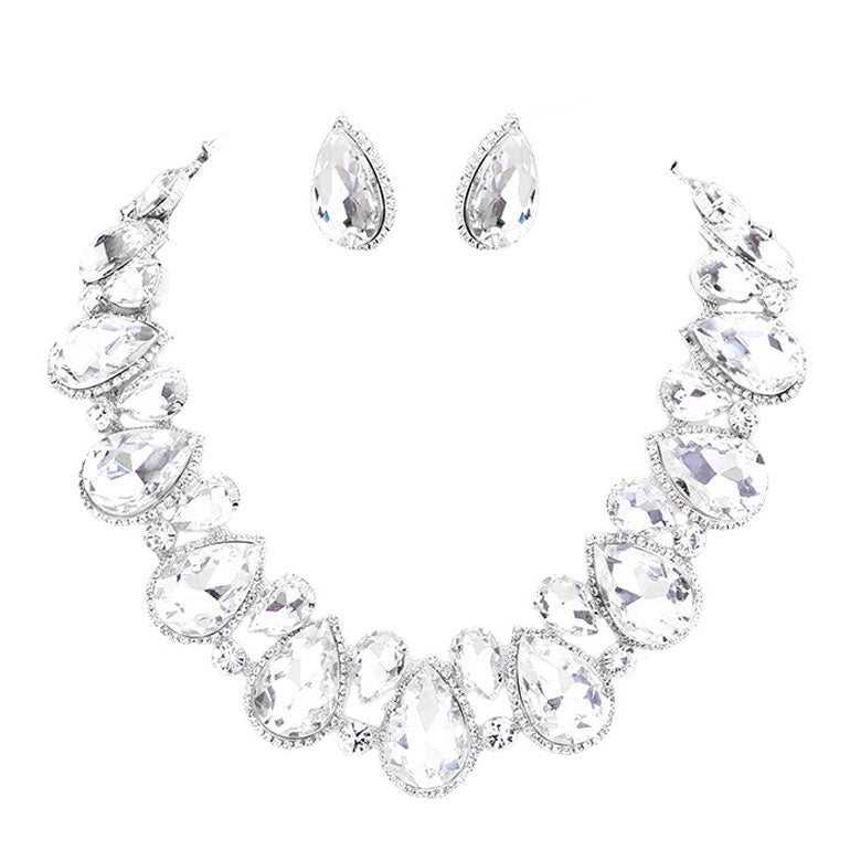 CLear Rhodium Crystal Rhinestone Trim Teardrop Collar Evening Necklace.  Get ready with these Cluster Evening Necklace, put on a pop of color to complete your ensemble. Perfect for adding just the right amount of shimmer & shine and a touch of class to special events. Perfect Birthday Gift, Anniversary Gift, Mother's Day Gift, Graduation Gift.
