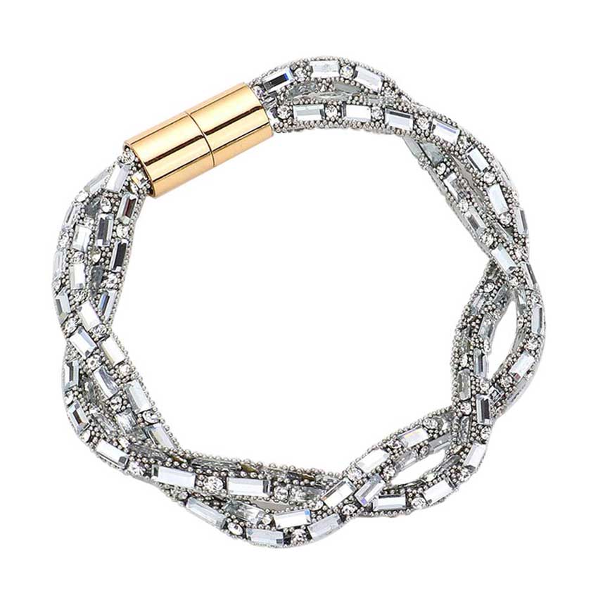 Clear Stone Embellished Twisted Magnetic Bracelet, Glam up your look with this Magnetic bracelet. Make your vibe extra sparkly with this eye-catching arm candy. The magnet clasp keeps the bracelet secure on your wrist and makes it easy to wear and take off. This wide Twisted- style bracelet works well as a statement jewelry piece. Awesome gift for birthday, Anniversary, Valentine’s Day or any special occasion.