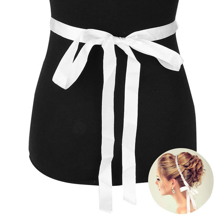 Clear White Bridal Wedding Crystal & Bead Ribbon Belt Headband. A timeless selection, this Crystal Belt is exceptionally elegant, adding an exquisite detail to your wedding dress or tie it on your hair for a glamorous, beautiful self tie headband elevating your hairstyle on your super special day. Crystal applique is placed delicately on white organza ribbon, long enough to fit comfortably around your waist.