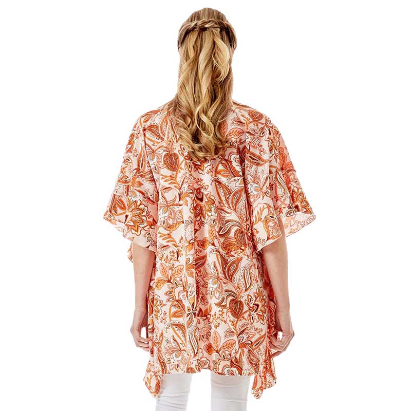 Coral Floral Paisley Printed Ruffle Sleeves Cover Up Kimono Poncho, This Poncho is Soft, Lightweight and Breathable Fabric, Close to Skin, Comfortable to Wear. Sophisticated, flattering and cozy, this Poncho drapes beautifully for a relaxed, pulled-together look. Suitable for Weekend, Work, Holiday, Beach, Party, Club, Night, Evening, Date, Casual and Other Occasions in Spring, Summer and Autumn.