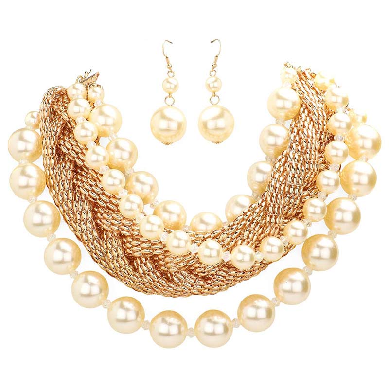 Cream Bold Metal Braided Triple Layered Pearl Necklace, get ready with this Pearl Necklace. The beautifully crafted design adds a gorgeous glow to any outfit. These gorgeous triple-layered Pearl pieces will show your class on any special occasion. The elegance of this accented necklace goes unmatched, great for wearing at a party! Perfect jewelry to enhance your look. Perfect for adding just the right amount of shimmer & shine and a touch of class to special events.