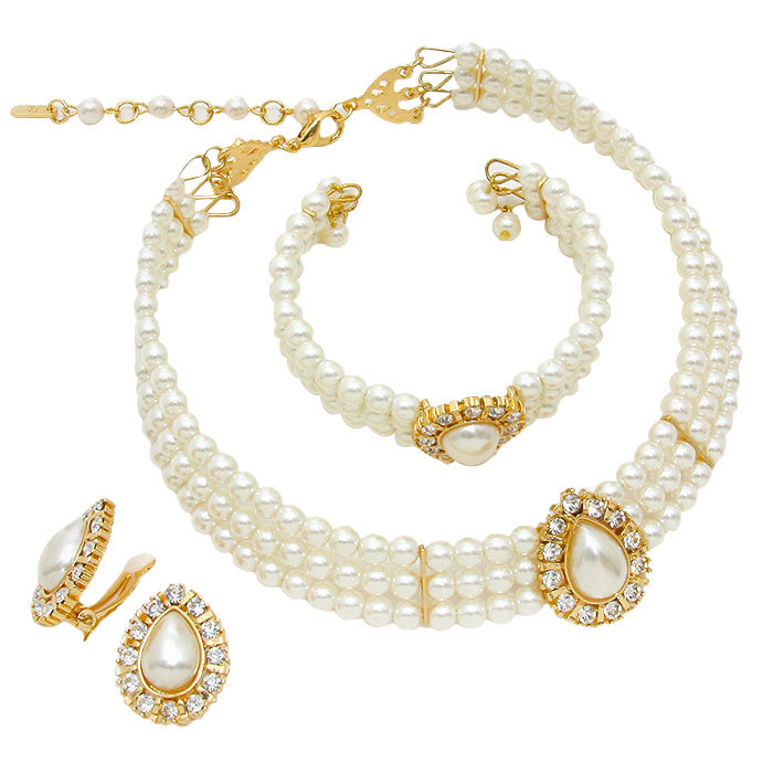 Cream Gold 3pcs Teardrop Pearl Necklace Jewelry Set, These Necklace jewelry sets are Elegant. Beautifully crafted design adds a gorgeous glow to any outfit. Get ready with these 3row Pearl Necklace and a bright Bracelet. Suitable for wear Party, Wedding, Date Night or any special events. Perfect Birthday, Thank you Gift.