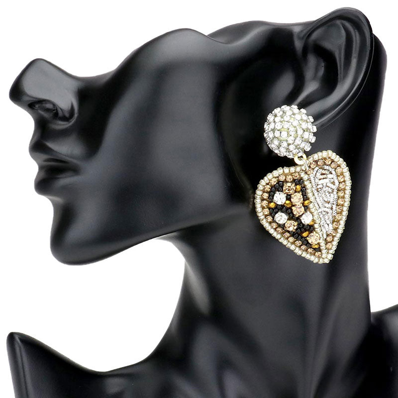 Cream Post Back Stone Embellished Heart Dangle Earrings. Ideal for parties, events, holidays, pair these dangle earrings with any ensemble for a polished look. The perfect set of sparkling earrings adds a sophisticated & stylish glow to any outfit. Ideal for a date, job interview, night out on the town, prom, wedding.