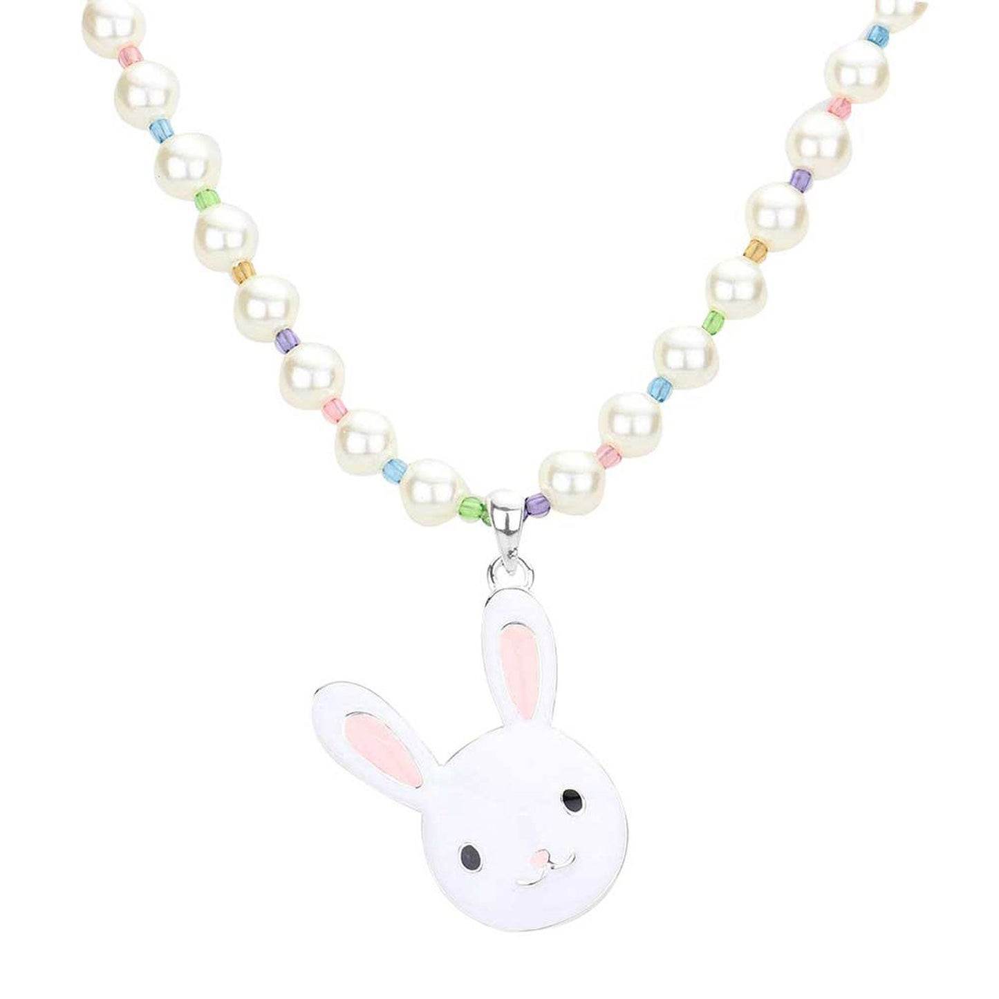 Cream White Enamel Easter Bunny Pendant Pearl Necklace. Perfect for the festive season, embrace the Easter spirit with these cute animal themed pendant necklace, these adorable gift necklace are bound to cause a smile or two. Surprise your loved ones on this Easter Sunday occasion, great gift idea for Wife, Mom, or your Loving One.