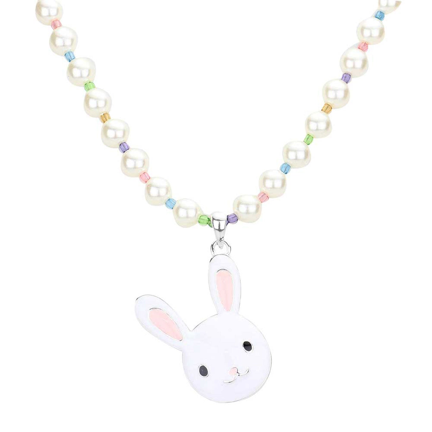 Cream White Enamel Easter Bunny Pendant Pearl Necklace. Perfect for the festive season, embrace the Easter spirit with these cute animal themed pendant necklace, these adorable gift necklace are bound to cause a smile or two. Surprise your loved ones on this Easter Sunday occasion, great gift idea for Wife, Mom, or your Loving One.