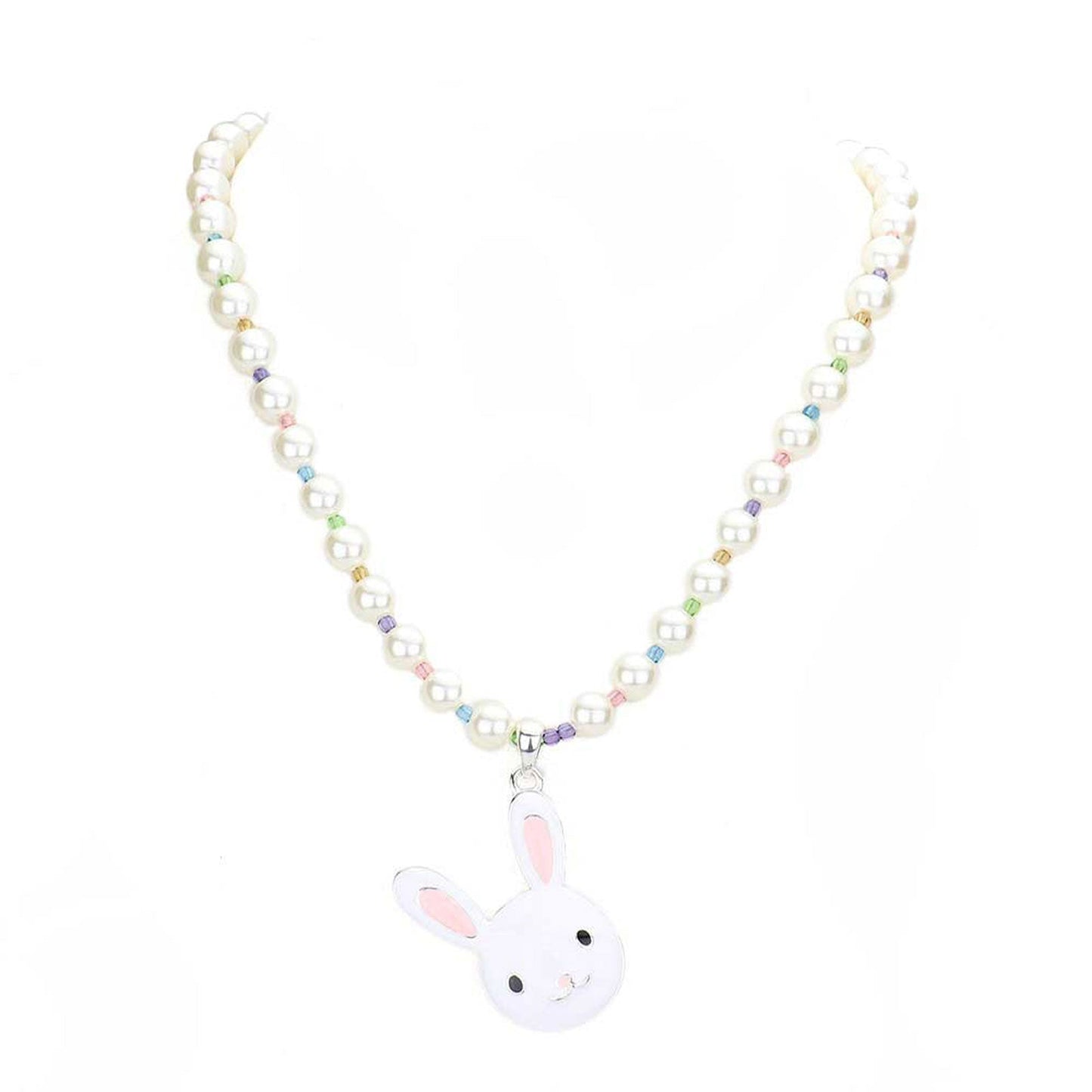 Cream White Enamel Easter Bunny Pendant Pearl Necklace. Perfect for the festive season, embrace the Easter spirit with these cute animal themed pendant necklace, these adorable gift necklace are bound to cause a smile or two. Surprise your loved ones on this Easter Sunday occasion, great gift idea for Wife, Mom, or your Loving One.