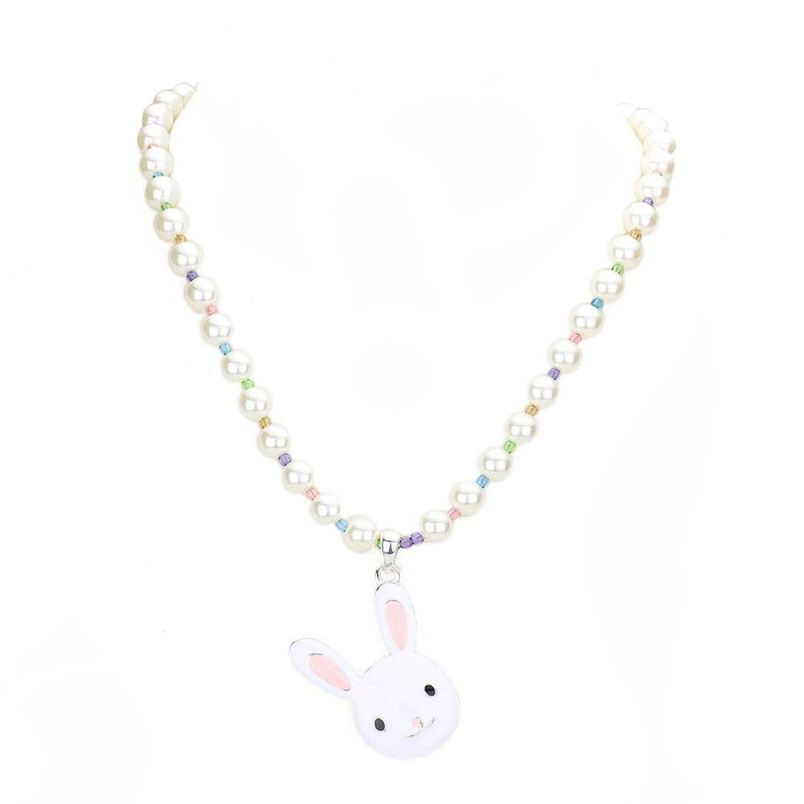 Cream White Enamel Easter Bunny Pendant Pearl Necklace. Perfect for the festive season, embrace the Easter spirit with these cute animal themed pendant necklace, these adorable gift necklace are bound to cause a smile or two. Surprise your loved ones on this Easter Sunday occasion, great gift idea for Wife, Mom, or your Loving One.
