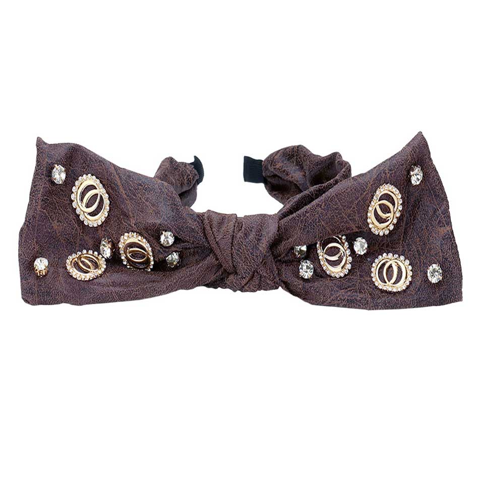 Dark Brown Stone Embellished Open Metal Circle Link Bow Headband, these headband are so comfy. You will be protected in the harshest of elements, and adding a touch of sleek style to your look. Be ready to receive compliments. Perfect for everyday wear; special occasions, outdoor festivals and more.