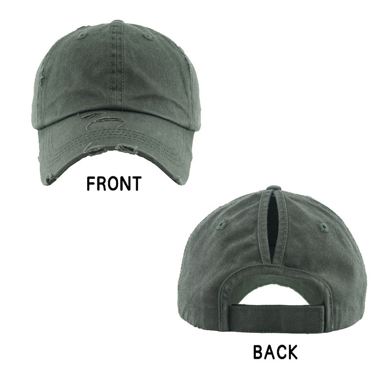 Dark Gray Distressed Baseball Cap, Dark Gray Vintage Ponytail Baseball Cap, comfy vintage cap great for a bad hair day, pull your bun or ponytail thru the back opening, great for keeping your hair away from face while exercising, running, playing sports or just taking a walk. Perfect Birthday Gift, Mother's Day Gift, Anniversary Gift, Thank you Gift, Graduation Gift